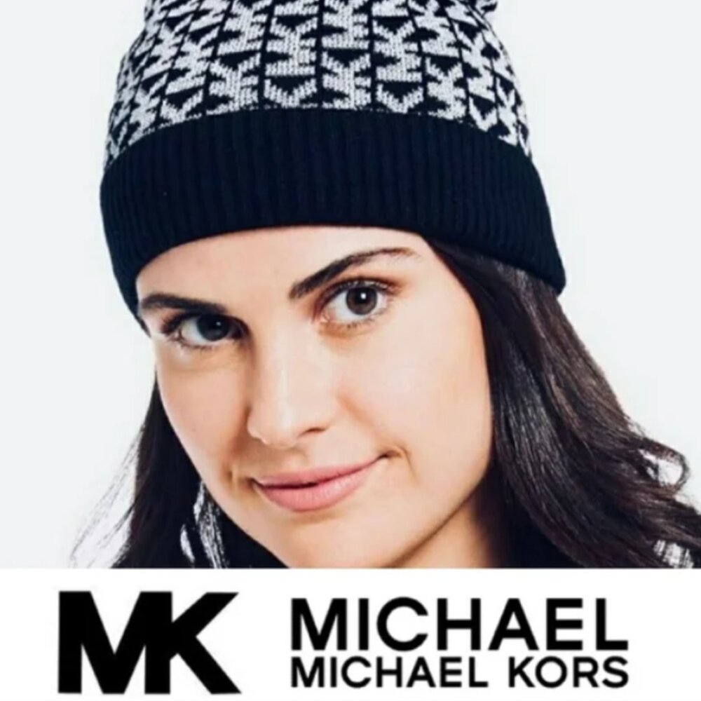 Michael Kors MK Logo Women's Beanie Stocking Knit Hat Black and White